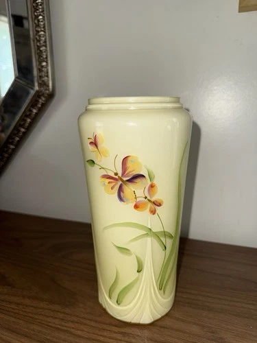 Fenton Buttercup Yellow Overlay Cased Vase HP Butterflies 🦋 Lovely 8.75”