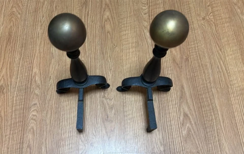 Vtg Cast Iron Fireplace Andirons 16" Gold Ball Finials Colonial Federal Style - Image 4 of 4