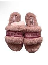 NWT Juicy Couture Soft Fuzzy Pink Logo Slippers Silver Trim M 6.5/7.5