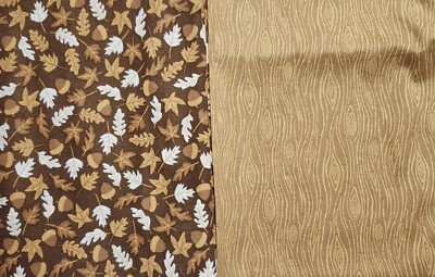Lot (2) 3 Yard Cuts AUTUMN LEAVES ACORNS TOSS TREE KNOTS Brown Tan Cotton Fabric