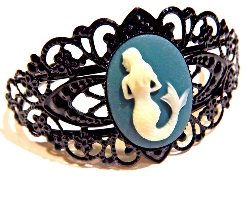 BLACK METAL MERMAID CAMEO FILIGREE BANGLE painted bracelet teal cuff R3 - Picture 3 of 6