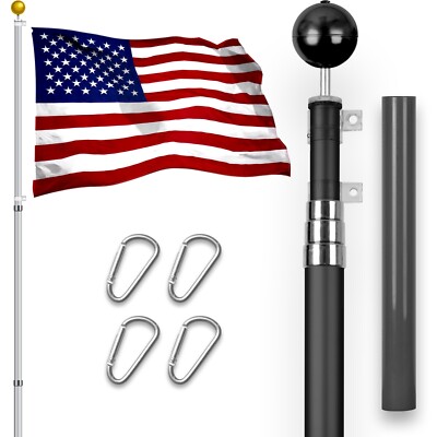 Combo: 16Ft Telescoping Flagpole Black & American USA Flag 2x3Ft Emb Spun Poly