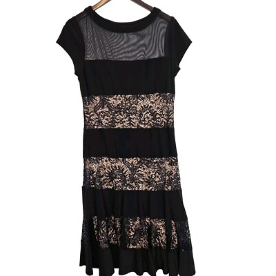 R&M RICHCARDS size 14 cocktail dress black lace overlay taupe lining knee  length