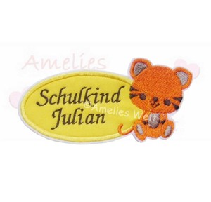 Button mit Name und Datum Aufbügler Aufnäher Bügelbild Patch hellbraun hellblau
