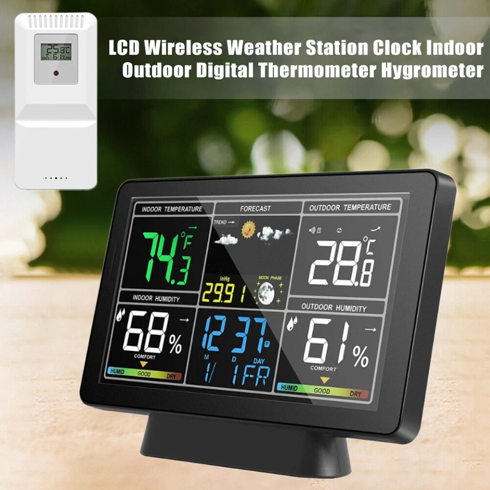 Digital LCD Indoor & Outdoor Weather Station Clock Calendar Thermometer Wireless - Image 4 of 4