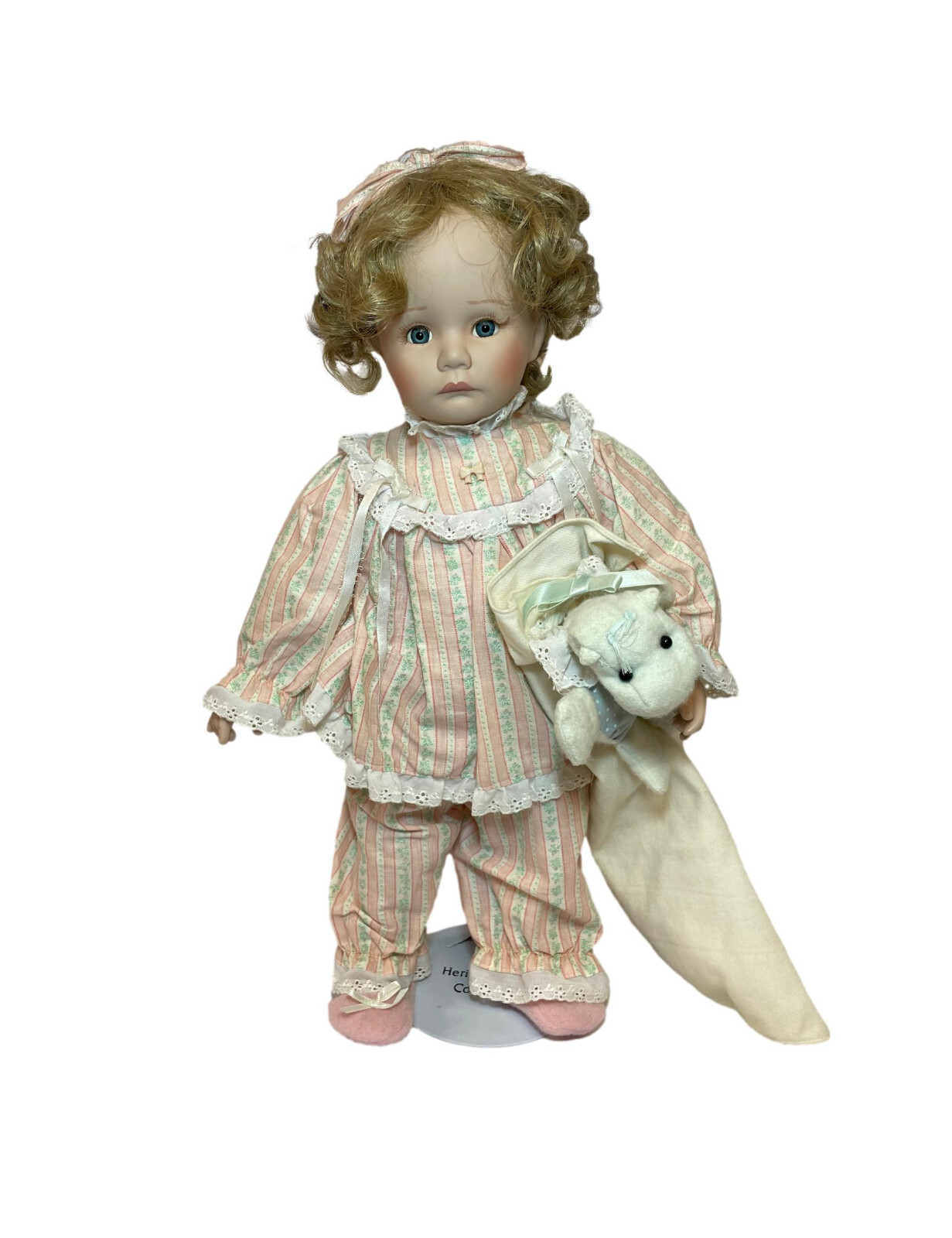 Danbury Mint Porcelain Doll Jessica Ready For Bed Pink Stripe Pajamas PJ Slipper