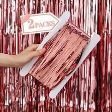 2 Pcs Rose Gold Metallic Tinsel Foil Fringe Curtains Backdrop 3.28 ft x 6.56 ...