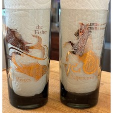 Vintage Federal Glass Zodiac Highballs Pisces Capricorn Pair 1970s Gold MCM USA