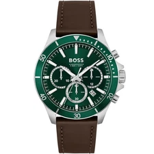 Hugo Boss Troper Watch 1514098 - Rich Green Dial & Brown Leather Strap