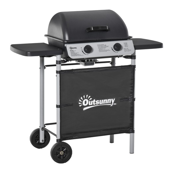 Barbacoa de Gas con 2 Quemadores 5,6 KW 2 Ruedas 2 Mesas Laterales y Parrillas d