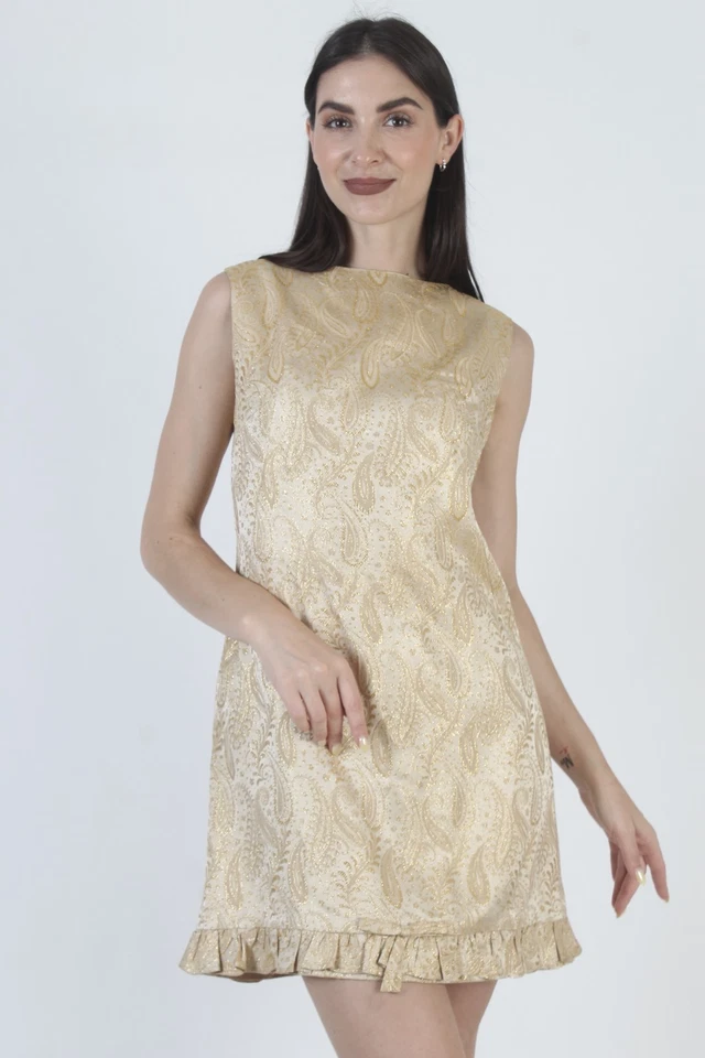 Vestido Vintage Años 60 Dorado Metálico Paisley Disco Scooter Mod Cóctel Micro Mini Foto 3 de 4