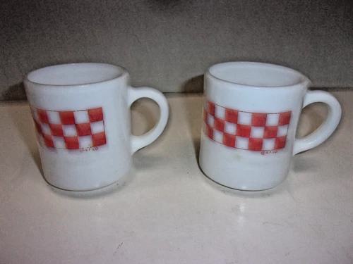 One Pair Of Vintage Ralston Purrina Milk Glass Coffee Mugs Red Checkered Pattern