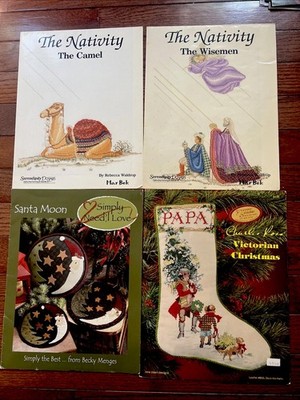 Vintage Christmas Cross Stitch Pattern Lot Nativity Camel Wisemen Santa Stocking