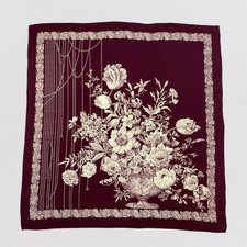 Vintage Silk Scarf Burgundy Floral Toile Print 34x32 Large Square Scarf