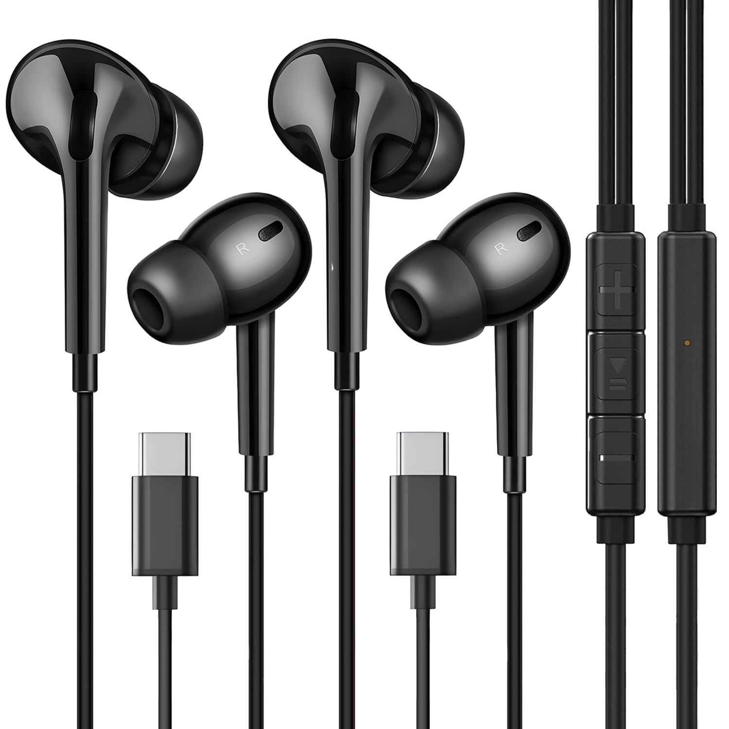 2-Pack USB-C Headphones With Mic, Volume & Media Playback Controls - Black