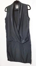 Black V-Neck BCBGMaxazria M Sleeveless Semi-Sheer Top Drape Collar Long Rear Hem