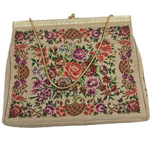 Vintage Floral Petit Point Needlepoint Tapestry Snake Chain Handbag Purse Clutch