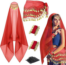 4Pcs Belly Dancer Outfit Sets, Chiffon Head Scarf,Belly Dance Hip Scarf, 2 Coin