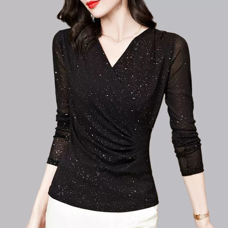 T-shirt Femme Sequin Col V Slim Fit – Maille Brillante – Neuf Avec étiquettes