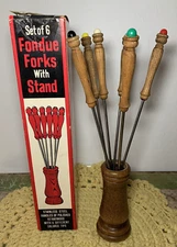 Vintage Fondue Forks Set of 6 Keyakiwood Handles & Stand MCM Made in Japan