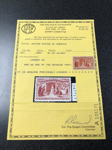 241 Columbian Exposition $1 PF Certified Unused Original Gum Previously Hinged - Picture 6 of 6