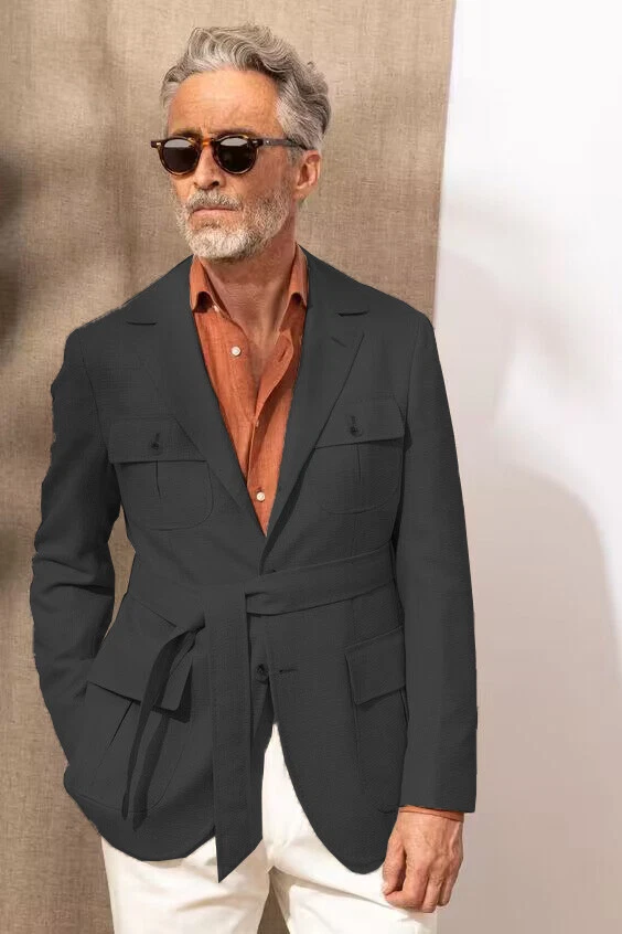 Jaquetas masculinas de linho safári com cinto smoking verão ao ar livre casaco empresarial diário - Imagem 3 de 4