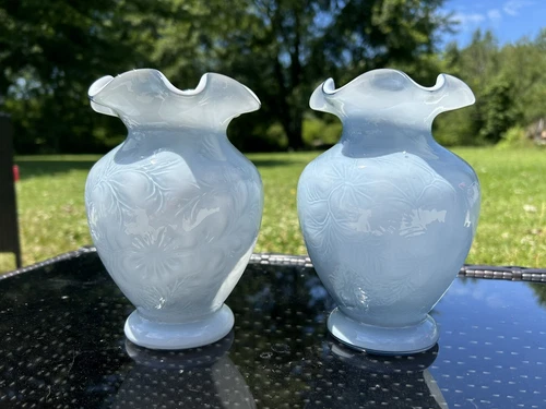 Fenton Federal Blue Overlay Fern Optic 6.5” Set Of Two Vases