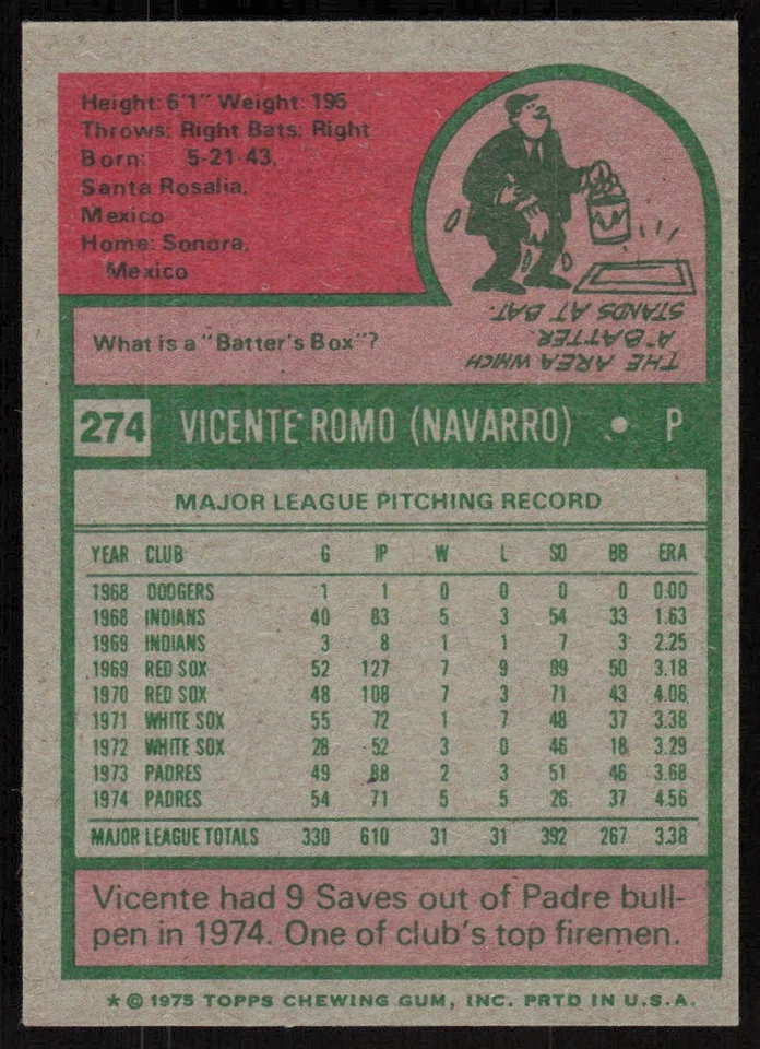 1975 Topps #274 Vicente Romo - $1 SHIPPING (JB4) - Image 2 of 2