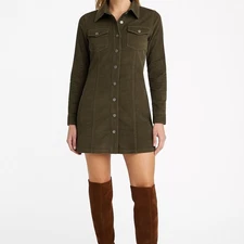 House of Harlow 1960 Corduroy Shirt Dress Size XL Olive Green Long Sleeve Mini