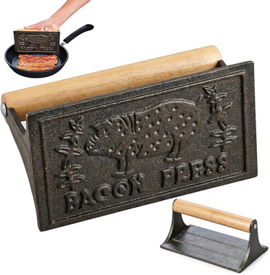 Bacon Press, Heavyweight Cast Iron, Rectangular with Wood Handle, for Stovetop G