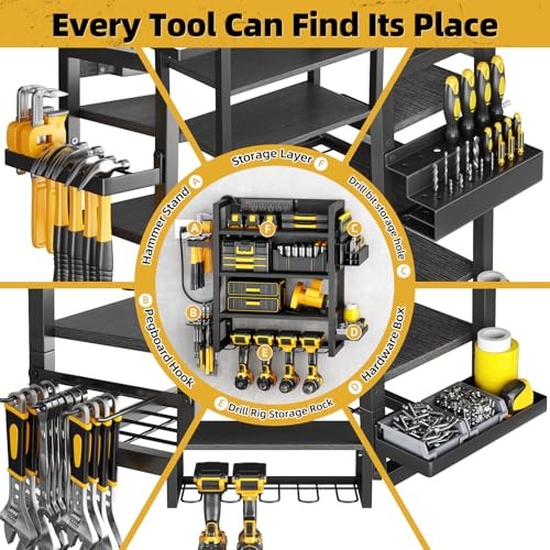 Wood-Metal Power Tool Organizer Wall Mount with 5 Charging Station, 3 Tier - Picture 7 of 7