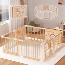 Wooden Baby Playpen Large Foldable Play Yard with 3 Activity Panels No Assemble