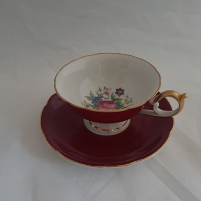 Royal Bayreuth Germany Vintage Red Floral Teacup Saucer Gold Trim Elegant