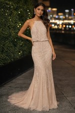 Adrianna Papell Halter Blush Beaded Gown Formal Prom Gala Wedding Guest Sz 6