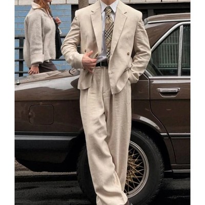 Notch Lapel Men's Beige Double-Breasted Suit 2 Piece Sets Oversized Casual 