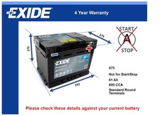 Battery fits PORSCHE 924 911 944 2.0 2.2 2.5 2.7 69 to 91 Exide 075 600A 61Ah