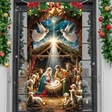 Nativity Christmas Door Covers for Front Doors Decoration Religious Holy Night J