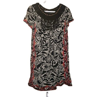 Floreat Anthropologie Abelia Shift Dress Beaded Embroidered Mosaic Print Small