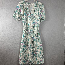 Loft Floral Linen Blend V-Neck Puff Sleeve Midi Dress Size Small Cottagecore