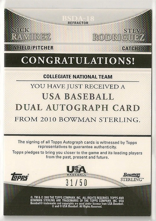 Nick Ramirez / Steve Rodriguez 2010 Bowman Sterling GOLD Refractor USA Auto /50 - Image 2 of 2