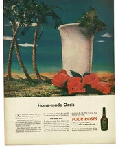 1945 Four Roses Whiskey frozen drink on Tropical beach Vintage Print Ad