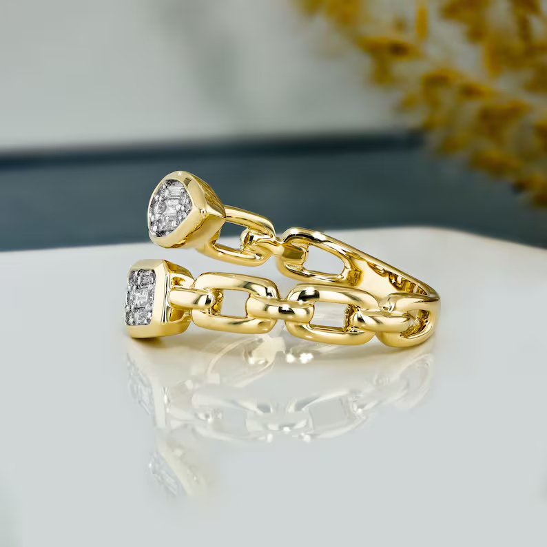 2 Ct Simulated Diamond Cuban Link Bypass Ring Yellow Gold Plated