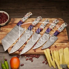 Custom Hand Forged DAMASCUS STEEL CHEF KNIFE Set Kitchen Knive Set, Resin Handle