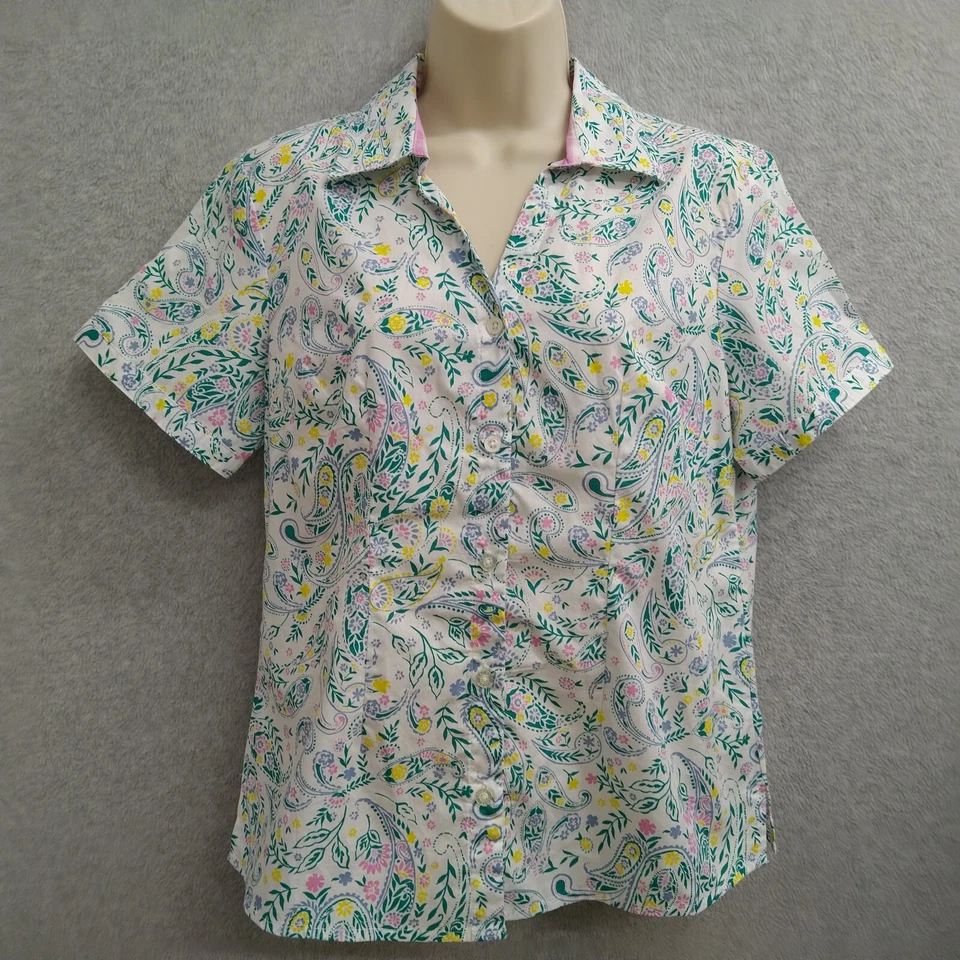 Camisa Top Blusa Laura Scott Botón Mujer Pequeña Blanca Verde Manga Corta Informal Foto 2 de 4