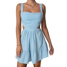 Ruched Cut Out Ruffle Hem Cami Dress in Blue, Size M