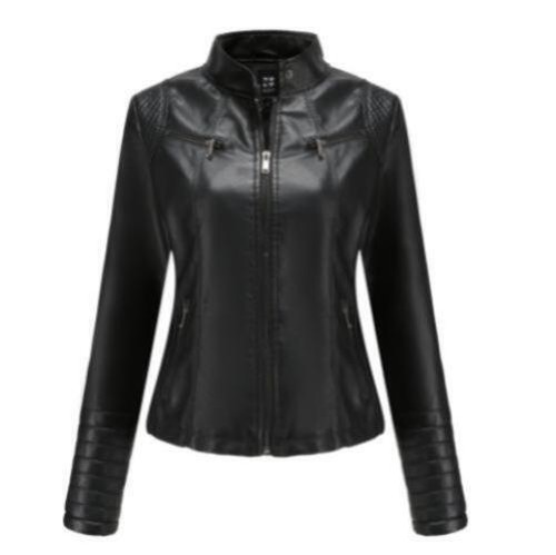 Women's Motorcycle Jacket Fashion Leather Stand Collar Slim Solid Color Zipper - Picture 11 of 15