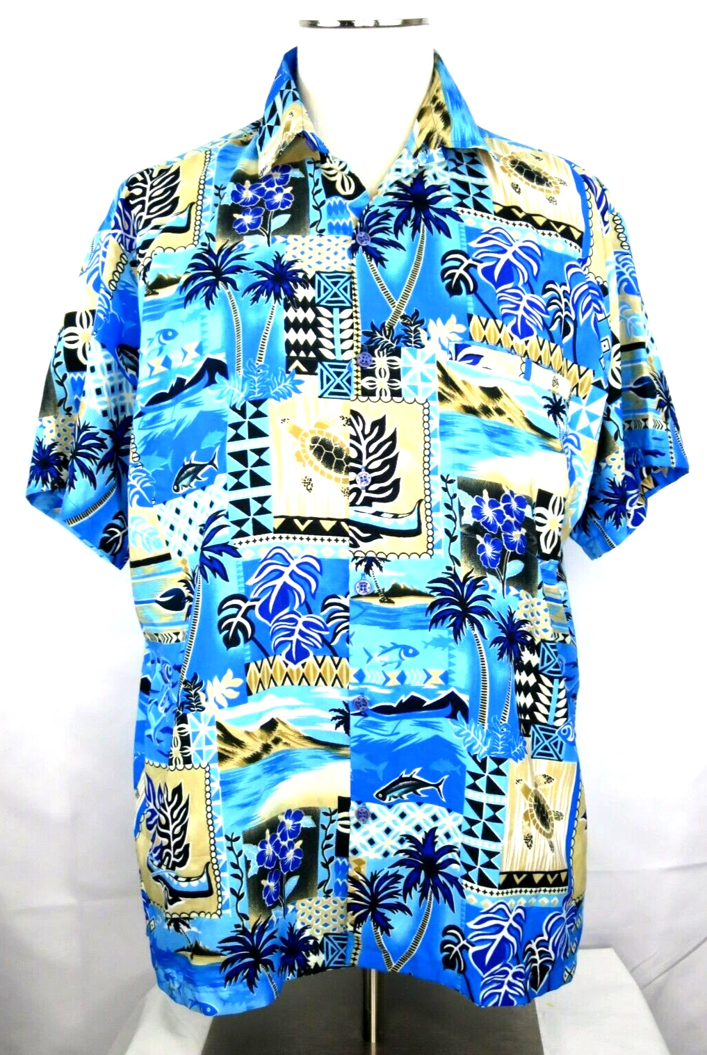 Men's Rima Hawaiian Shirt Sz L Blues Tan Floral Sea Turtle Sh Sleeve Button EUC