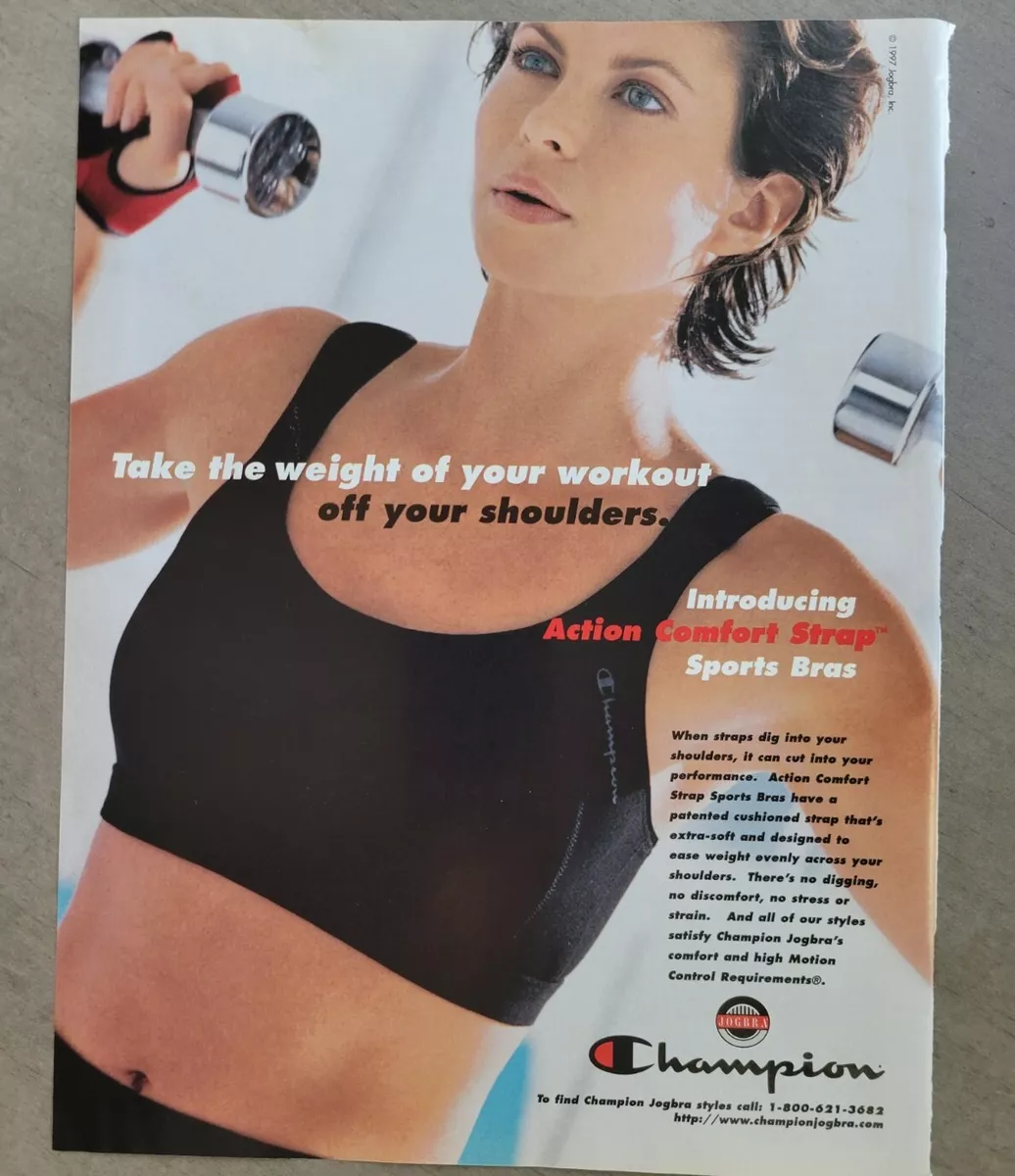 1997 champion Sports bra jog bra woman lifting weights vintage ad