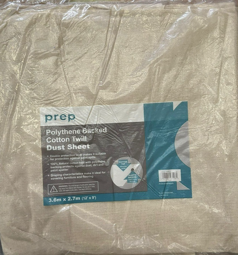 2 x Prep Cotton Twill Poly Backed Dust Sheet 3.6m x 2.7m  ( 12ft x 9 ft )