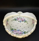 Vintage Westmoreland Floral Hand Painted Milk Glass Basket With Split Handle 4.5